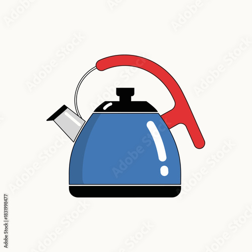 Stylized vector illustration of a blue tea kettle with red handle and silver spout appliance