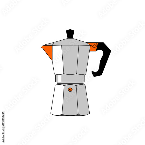 Artistic depiction of a moka pot coffee maker with an orange spout and handle accent