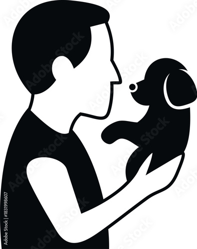 Man holding a small puppy face to face, showing pet ownership and companionship