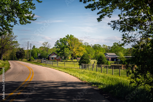 Fototapeta Naklejka Na Ścianę i Meble -  Lyndhurst, Virginia rural street in small countryside rural farm town by Blue Ridge mountains in spring with empty residential road by houses