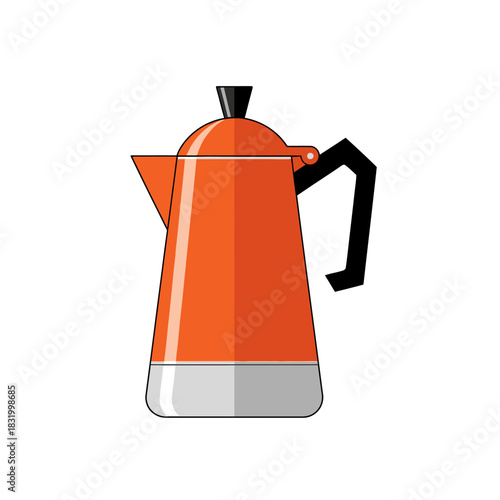 Geometric orange coffee maker illustration evokes retro kitchen aesthetic with clean graphic design