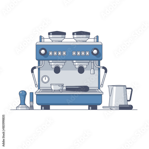 Elegant blue and silver coffee machine illustration for design projects or caf? marketing