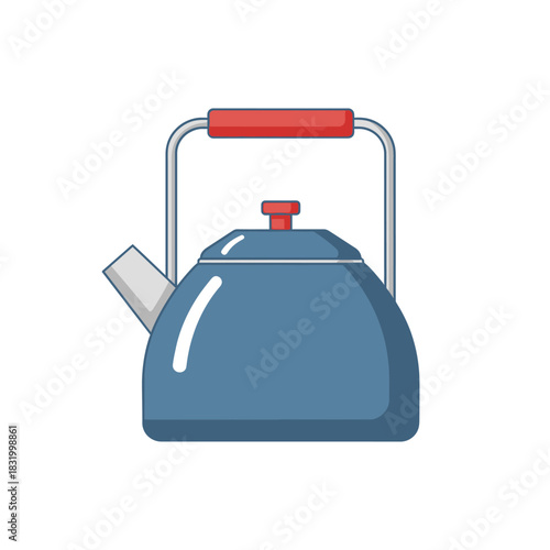 Stylized illustration of a blue stovetop kettle with red handle and accents on a plain background