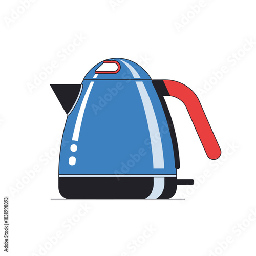 Electric kettle with blue body and red handle illustration for beverage preparation appliance