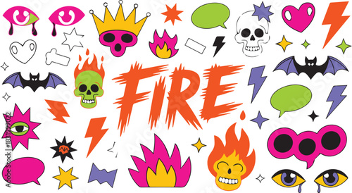 Vibrant Punk Doodle Sticker Pack – Fire Icons, Skulls, Eyes, Bats & Electric Elements
