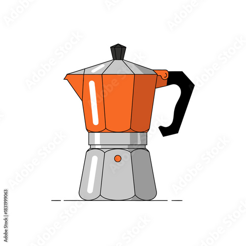 Stylized orange moka pot illustration with metallic silver accents set against a crisp white