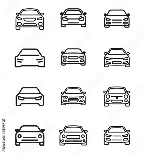 Minimalist Outline Car Icon Set - Front View Vector Collection for Automotive, UI, and App Design