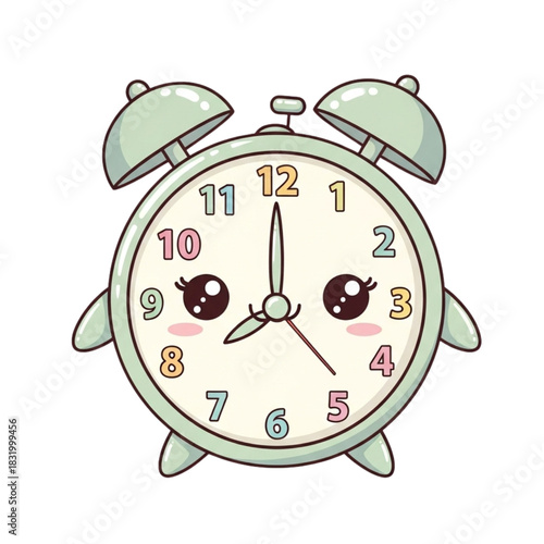 Adorable cartoon alarm clock with kawaii eyes, perfect for children's designs, educational materials, and time-themed projects, sweet dreams and wake up happy