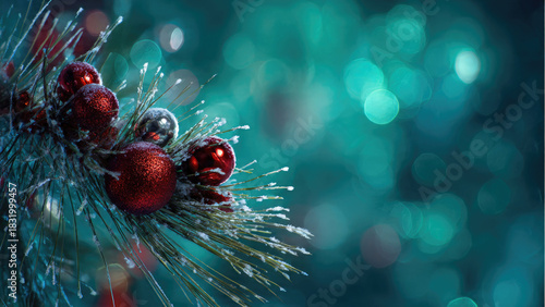 Frosted pine branches decorated with red and silver Christmas ornaments glisten against a festive teal bokeh background, perfect for holidays.