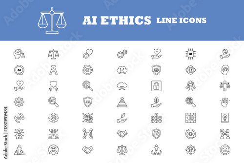 A I Ethics line icons collection with scales of justice and brain AI ethics artificial intelligence