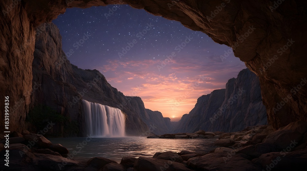 Obraz premium A majestic waterfall cascades into a serene pool within a rocky canyon under a twilight sky dotted with stars