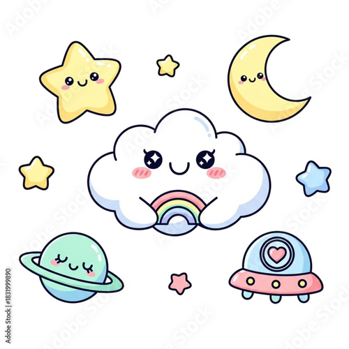 Adorable kawaii celestial collection featuring happy stars, moon, cloud, planet and ufo, perfect for kids designs and branding, originally designed as scalable vector