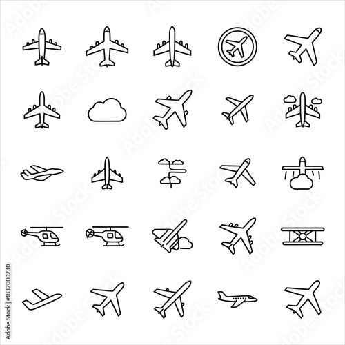Collection of black outline airplane and helicopter icons aircraft aviation