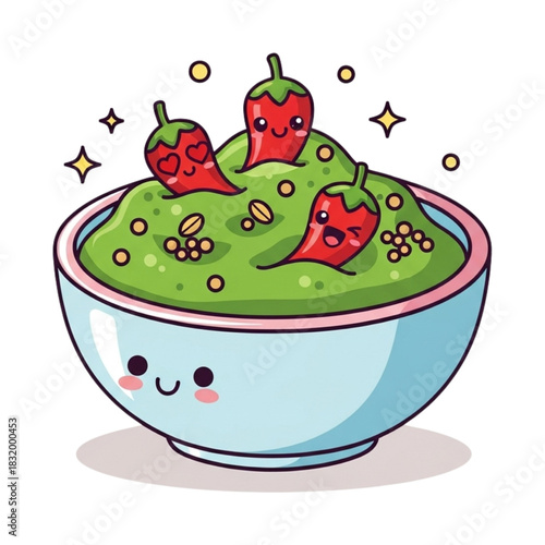 Delightful Cartoon Guacamole Bowl with Smiling Peppers: A Playful and Vibrant Food Illustration for Social Media, Recipe Sites, and Children's Menus