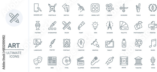 Art design thin black line icons set vector illustration. Abstract outline symbols of modern artists portfolio, education tools and graphic technology for creative photography, painting and music