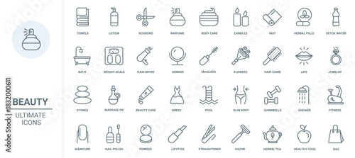 Beauty skin and hair care, makeup cosmetics and hygiene thin line icons set vector illustration. Outline oil massage for body relax in spa salon, herbal detox therapy and manicure, healthy fitness