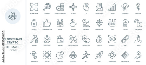 Cryptocurrency, blockchain thin line icons set vector illustration. Outline global digital crypto money trends, profit on fintech exchange analysis and bitcoin data mining, startup launch rocket