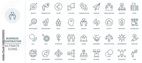Business cooperation thin line icons set vector illustration. Outline growth of partnership in corporate team, loyalty in communication and teamwork of employees, success recruitment and leadership