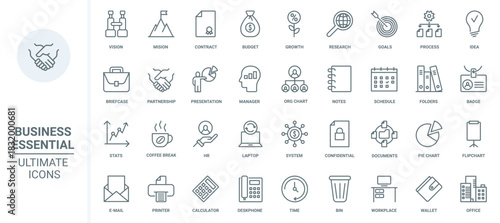Business, goal management thin line icons set vector illustration. Abstract outline confidential documents, office process to research and presentation of product, success partnership and finance idea