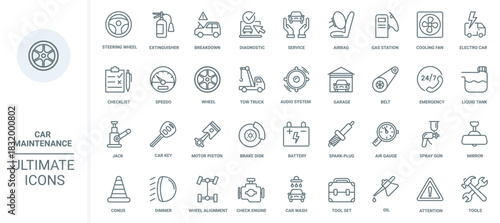 Maintenance and repair car service, auto shop thin line icons set vector illustration. Outline mechanic tools and equipment for automotive diagnostics in garage, tech machine parts and engine