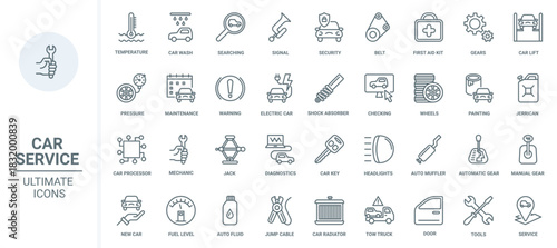 Car service thin line icons set vector illustration. Outline scheduled diagnostics of vehicle and auto repair tools, pictogram of automotive parts, automatic and manual transmission, wheel and tires