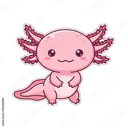 Adorable pink axolotl cartoon character, perfect for children's books and educational content, charming amphibian illustration with a sweet smile, vector style