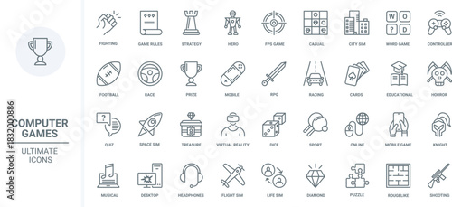 Computer games, gaming technology thin line icons set vector illustration. Outline digital race, fight and space simulator, shooter and RPG, strategy and education games for PC and mobile phone