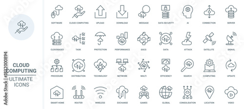 Cloud computing thin line icons set vector illustration. Outline server connection for download and upload of data files, update backup and software version, online security and signal efficiency