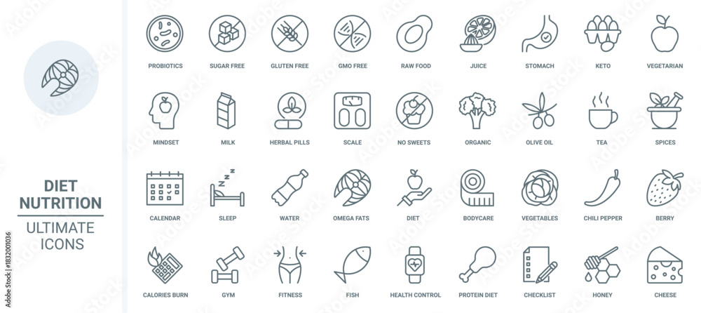 Fototapeta premium Nutrition diet thin line icons set vector illustration. Outline organic food and fitness, vegetarian lifestyle and mindset, measuring calories and balance of fat and proteins, health calendar