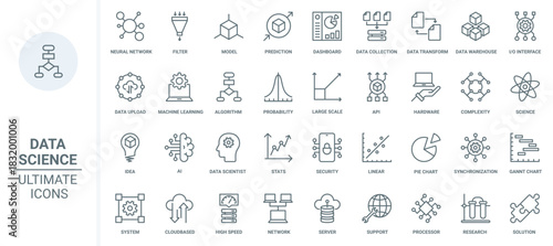Data analysis, neural network innovation and science thin line icons set vector illustration. Abstract outline AI brain, machine learning technology for prediction, transformation and data storage