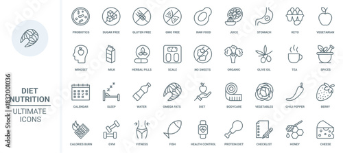 Nutrition diet thin line icons set vector illustration. Outline organic food and fitness, vegetarian lifestyle and mindset, measuring calories and balance of fat and proteins, health calendar