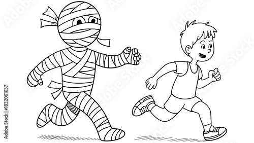 Mummy chasing boy coloring page halloween activity for kids