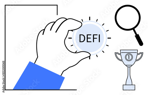 Decentralized Finance. Illustration of a hand holding a DEFI token, a magnifying glass, and a trophy emphasizing decentralized finance opportunities. For fintech, blockchain, innovation, finance