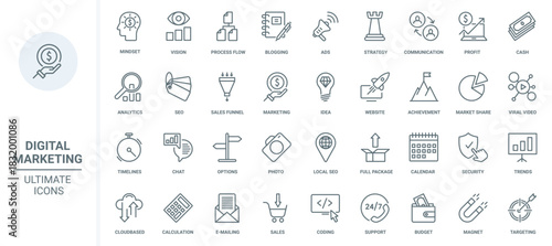 Digital marketing strategy and business vision thin line icons set vector illustration. Outline internet network advertising with megaphone and viral video, blog analytics, security and sales funnel