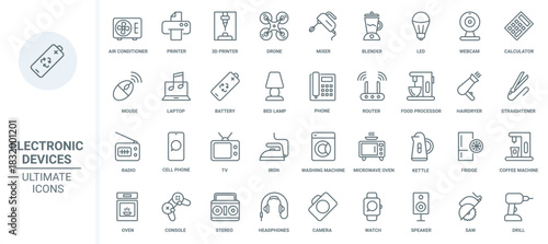 Kitchen appliances and electric household equipment thin line icons set vector illustration. Outline microwave and oven, mixer and home coffee machine for cooking food, hairdryer and air conditioner