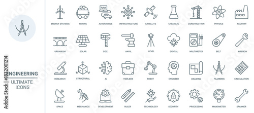 Engineering, industry and energy production thin line icons set vector illustration. Abstract outline engineers work, digital infrastructure and construction equipment, solar panel and turbine
