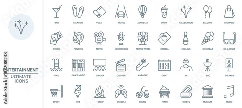 Fun party events, travel vacation and leisure thin line icons set vector illustration. Outline microphone for karaoke and fireworks, happy barbecue picnic and cinema movie, entertainment symbols