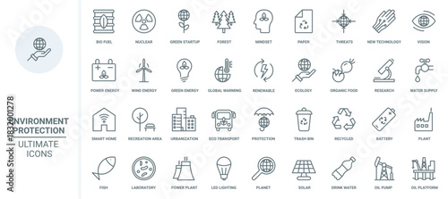 Green energy and ecology thin line icons set vector illustration. Outline environment protection and eco startup technology, recycle plant, research with microscope, global warming and urbanization