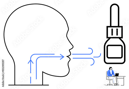 Respiratory health concept. Respiratory airflow with arrows and nasal spray ation. Respiratory process for medicine, healthcare, wellness, education, and diagnostics