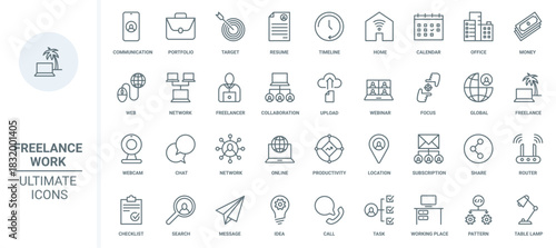 Freelance, work in home office thin line icons set vector illustration. Outline online communication and collaboration of freelancers with remote locations, productivity and portfolio of resume