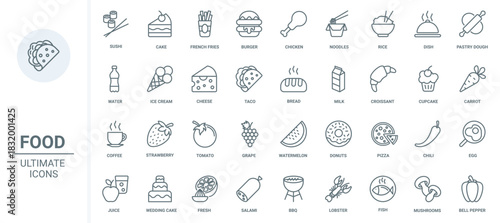 Food thin line icons set vector illustration. Outline restaurant or fast food cafe symbols, french fries and chicken, noodles taco and pizza, ice cream croissant and cupcake with coffee and juice