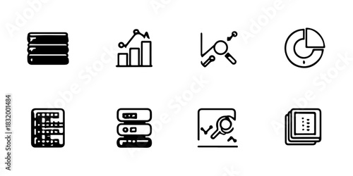 Collection of modern flat design icons representing data analysis and technology concepts