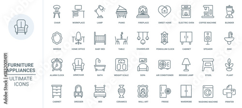 Home furniture, kitchen electric appliances, domestic equipment and modern household devices thin line icons set vector illustration. Outline coffee and washing machine, chair and table for workplace
