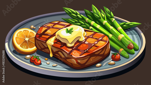 Juicy grilled steak paired with crisp asparagus and a pat of melting butter, arranged on a dark serving platter. Elegant composition suitable for food advertising, menus, and premium dining visuals