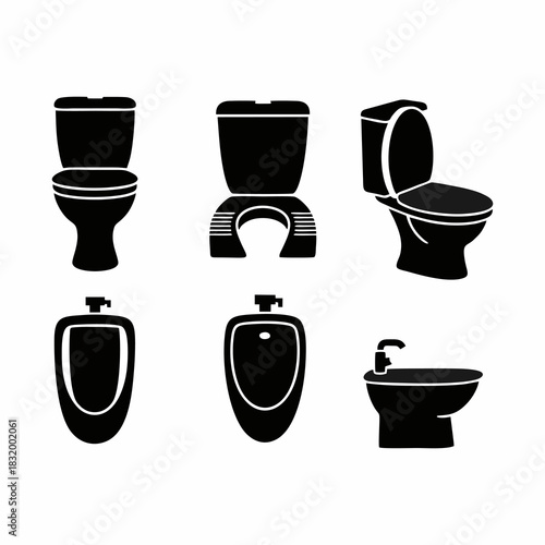 Toilet and Bidet Bathroom Fixtures Silhouette Icon Set