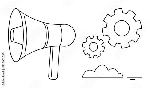 Business communication. Megaphone and gear symbols depict communication and process management. Business communication ensures teamwork and efficient operations. For marketing, teamwork, processes