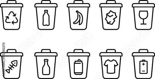 Recycling bins and waste sorting icons set. Trash, garbage, eco outline vector illustrations