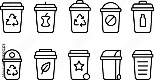 Recycling bins and waste sorting icons set. Trash, garbage, eco outline vector illustrations