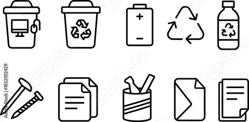 Recycling bins and waste sorting icons set. Trash, garbage, eco outline vector illustrations
