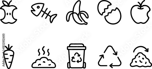 Recycling bins and waste sorting icons set. Trash, garbage, eco outline vector illustrations
